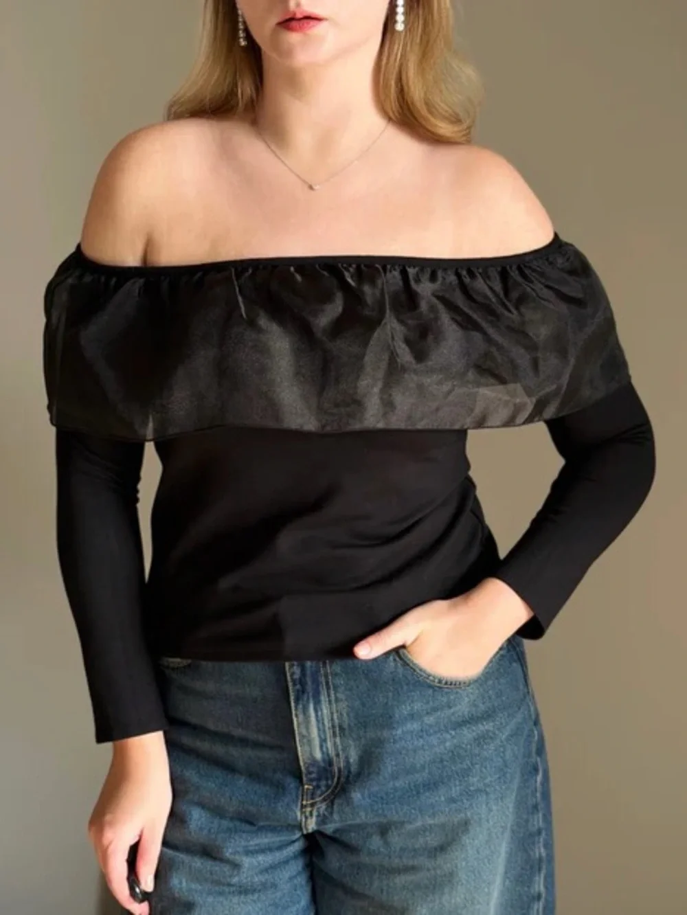 J.Crew Black Off The Shoulder Long Sleeve Ruffle Neckline Top Size M